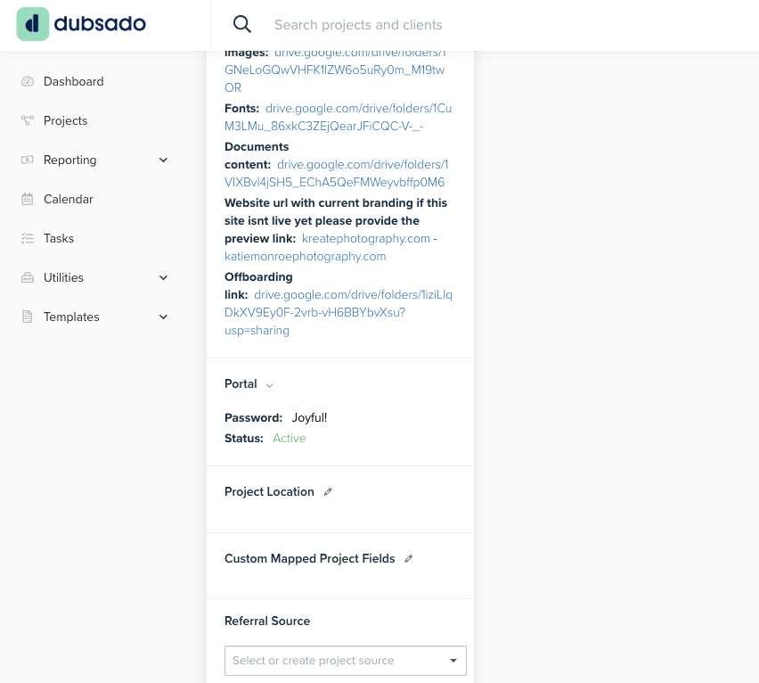 Where to add Zapier links in your client's project in Dubsado.
